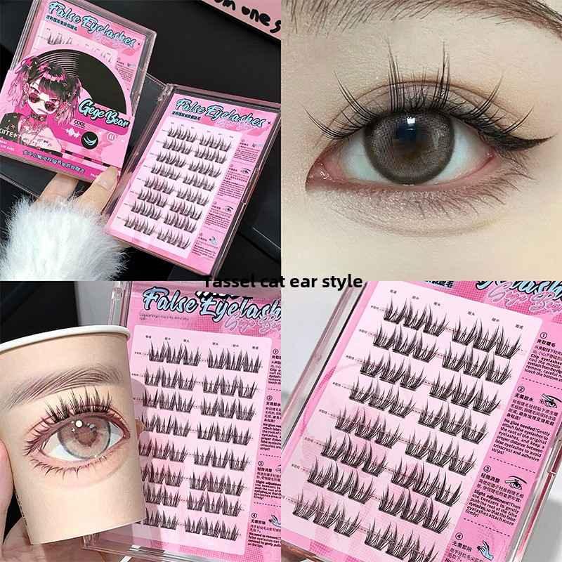 Collage of false eyelashes packaging and application on eyes