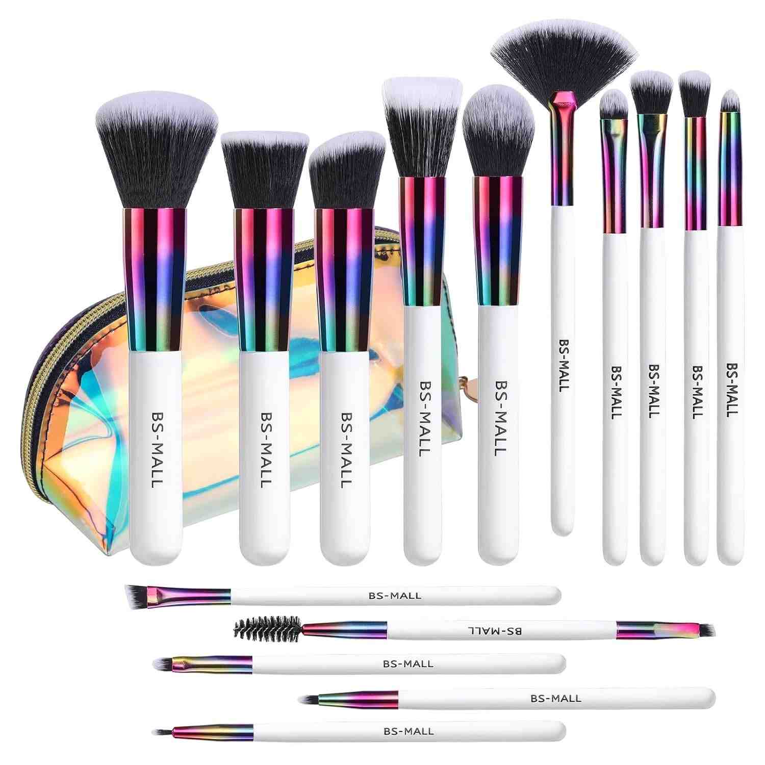 Set of makeup brushes with colorful handles and 'BS-MALL' branding.