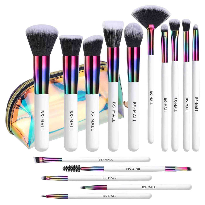 Set of makeup brushes with colorful handles and 'BS-MALL' branding.