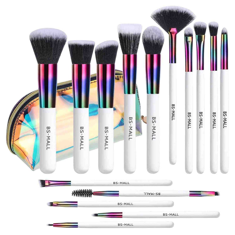 Set of makeup brushes with colorful handles and 'BS-MALL' branding.