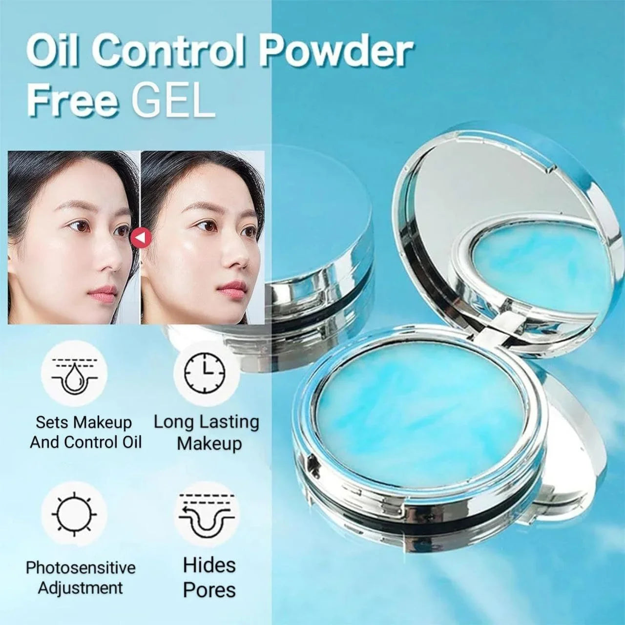 Oil control powder free gel with packaging and benefits on a blue background