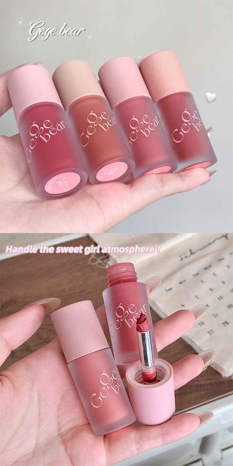Set of Gege Bear cheek and lip blush in various shades held by a hand.
