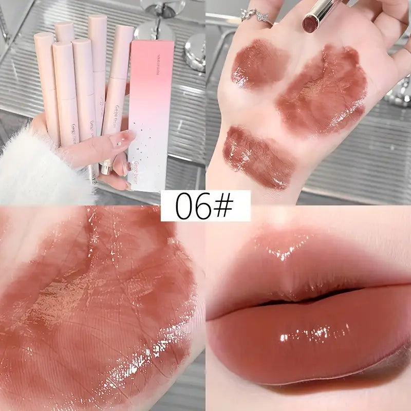 Lipstick swatches on a hand with a close-up of the lipstick color, held by a hand.