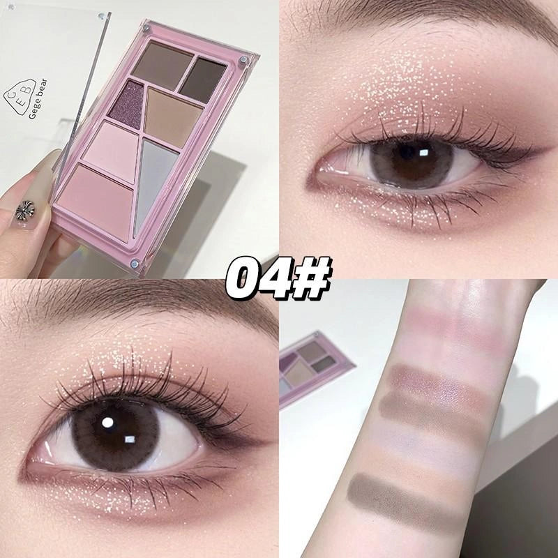 multicolor eyeshadow palette  with eye makeup application on a person's eyelid, showing color swatches.