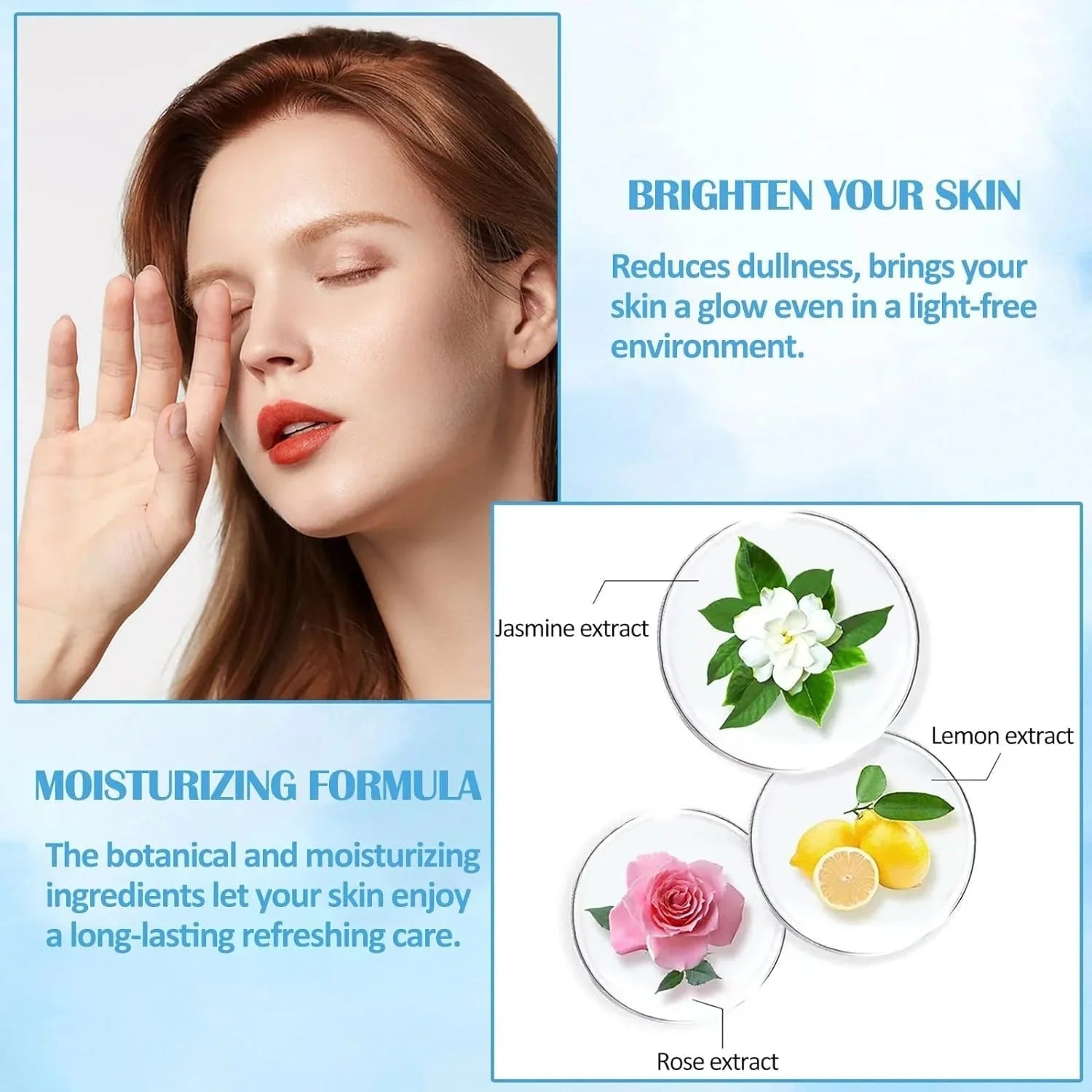 candy bella oil control compact powder advertisement with a woman's face and botanical extracts on a light blue background.