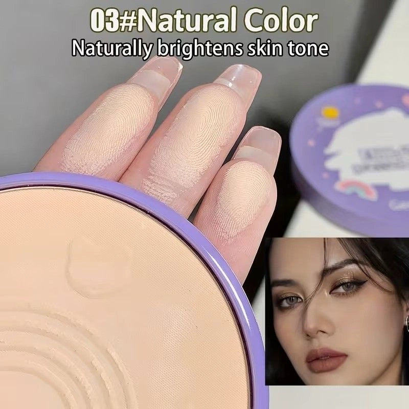 Cosmetic compact with purple lid, hand holding it, and a close-up of a woman's face.