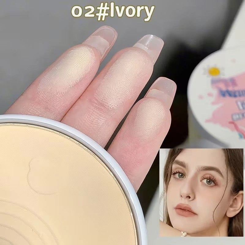 Cosmetic powder with a hand swatch and a close-up of a person wearing the color.