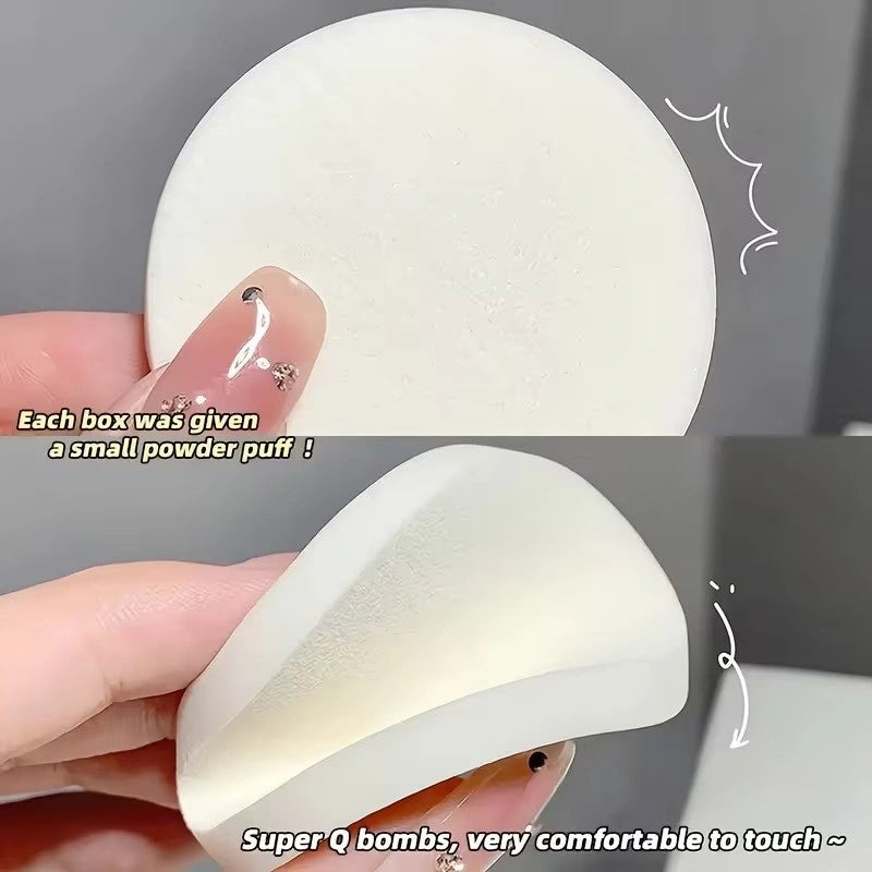 White powder puff held by a hand with text indicating comfort and exclusivity.