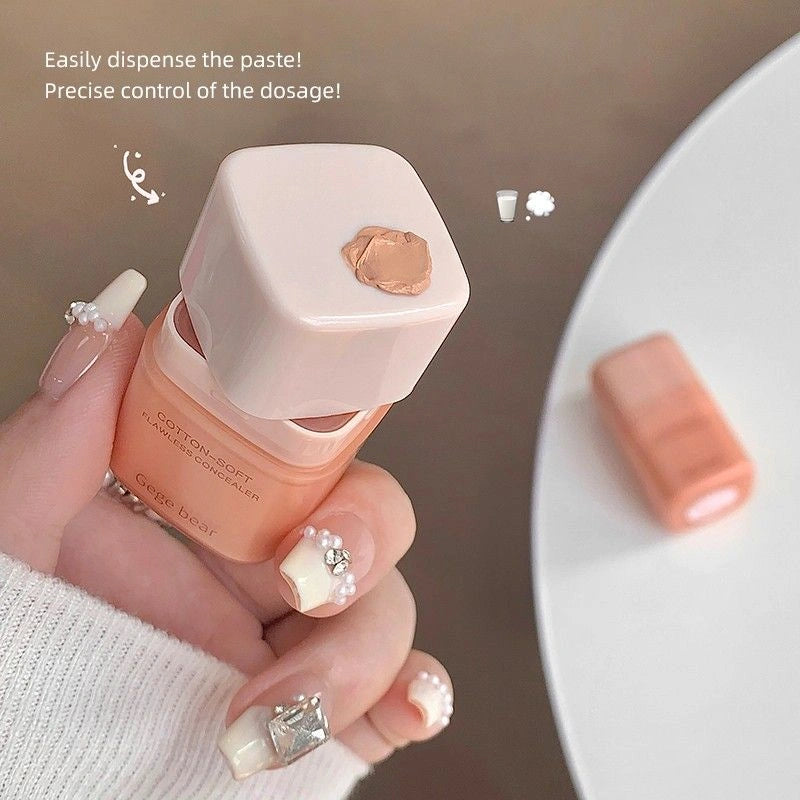Hand holding a waterproof concealer with text about dispensing paste and dosage control.