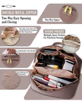 Cosmetic bag with features highlighted on a beige background