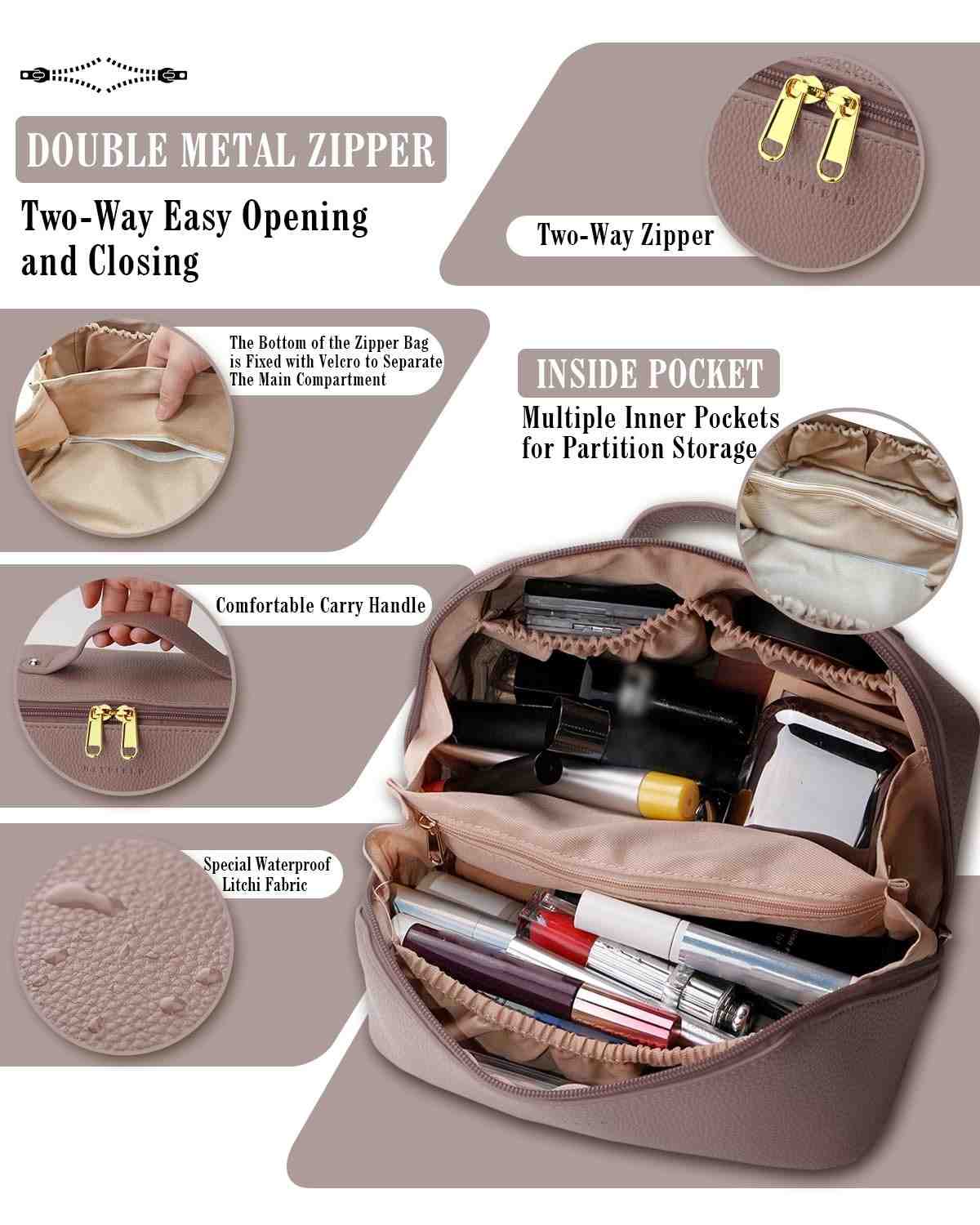 Cosmetic bag with features highlighted on a beige background