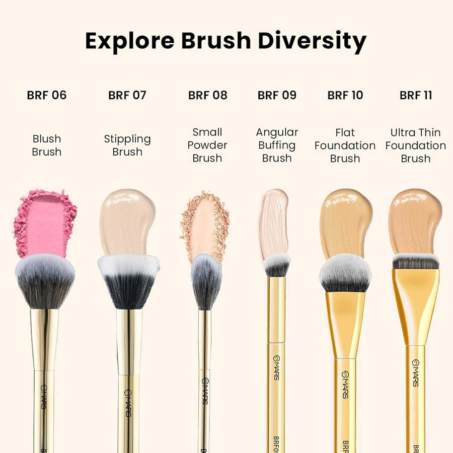 Set of makeup brushes with labels and color samples on a white background