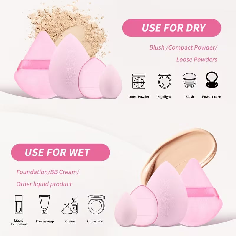 different shapes of beauty blender with instruction to use for dry and wet application