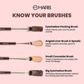 MARS makeup brushes with descriptions on a pink background