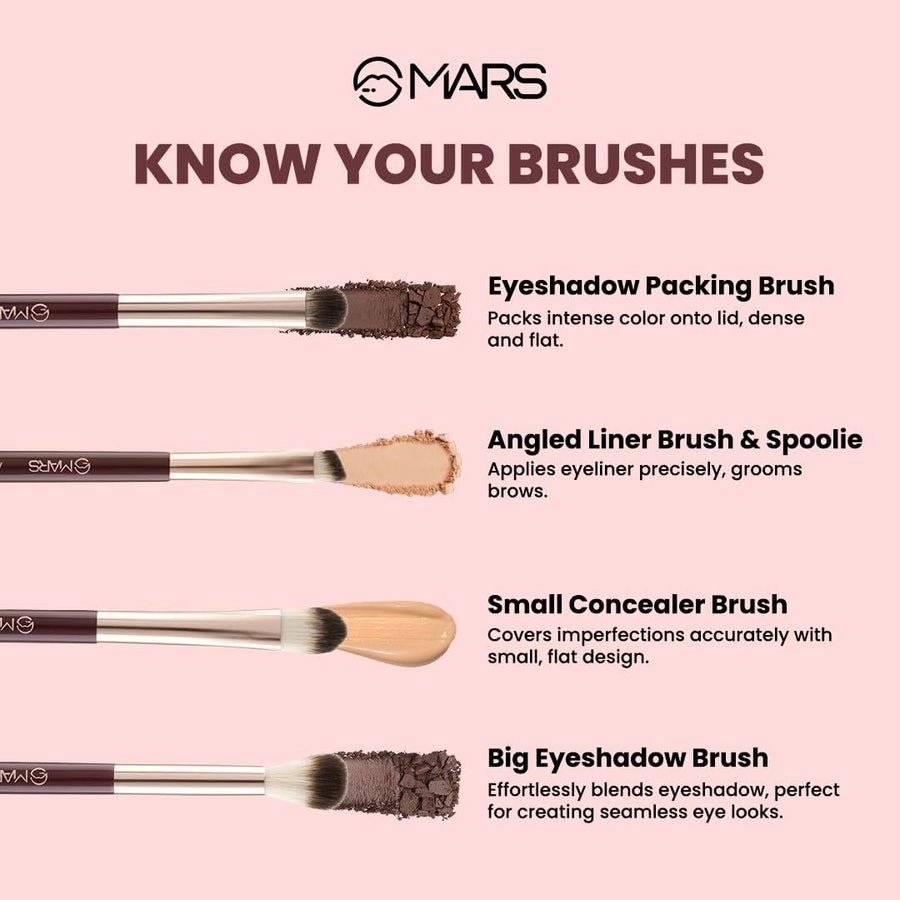 MARS makeup brushes with descriptions on a pink background