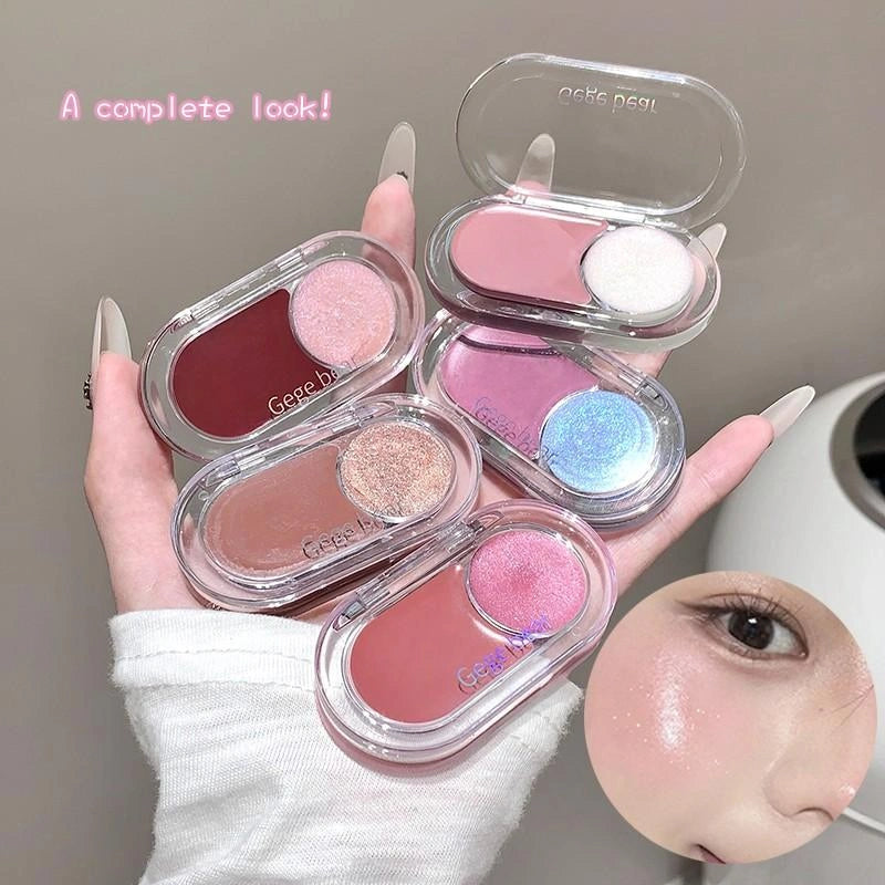 cheek blush with highlighter cake with visible gege bear brand name held by a hand, close-up of eye with product application.