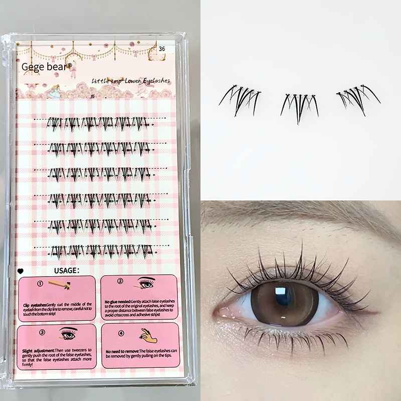 False eyelashes packaging with a sample worn on an eye, showing the product's effect.