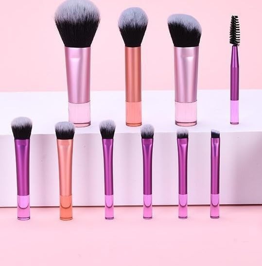 Gege Bear Mini Makeup Brush Set | Blush, Highlighter, Concealer for Under Eyes Brushes for Makeup | 10 Pcs Brushes Kit Makeup Set | Soft Fluffy Bristles | Pink and Purple Metallic Handles | Perfect for Girls Teens Women | Kawaii Pink Design