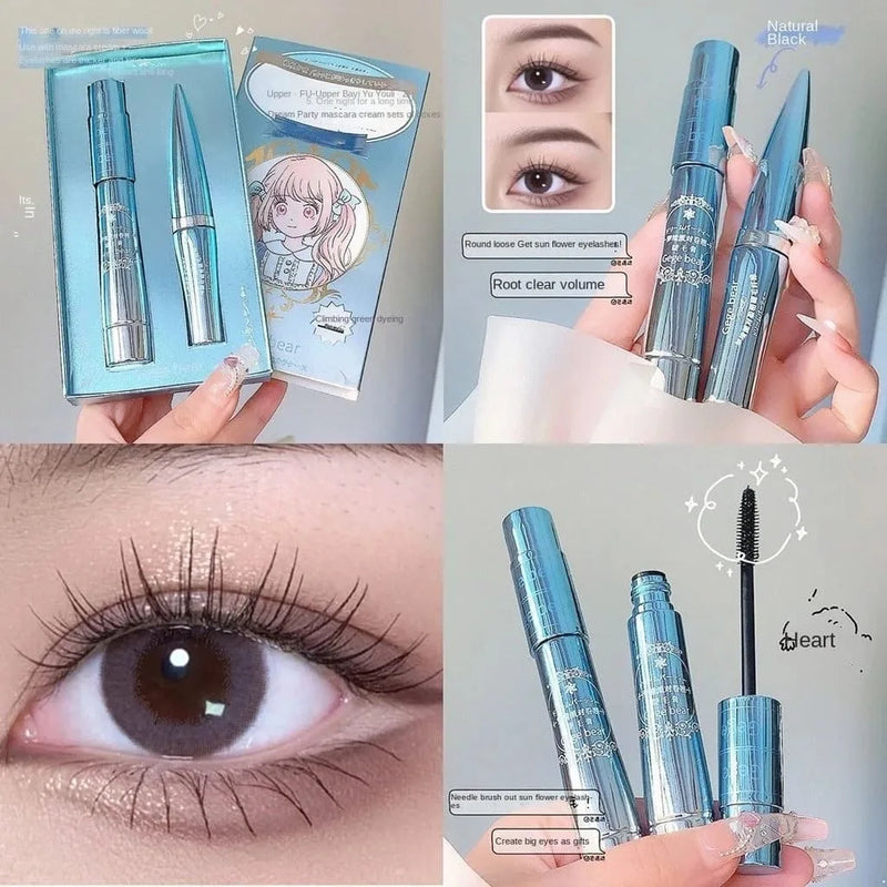 Collage of mascara packaging, application, and close-up of an eye with longer lashes.