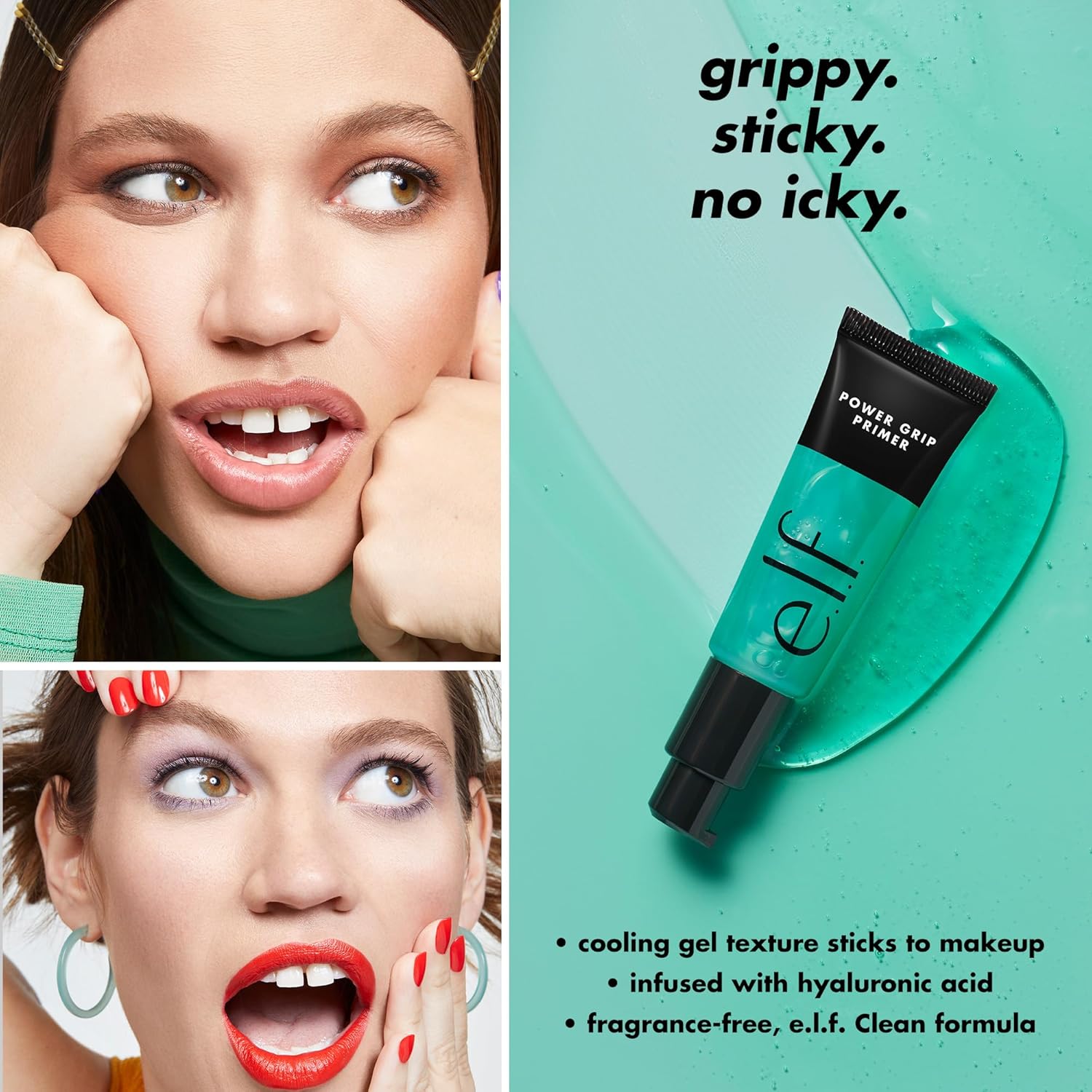 Advertisement for e.l.f. Power Grip Primer with a woman applying makeup and product close-up on a teal background.