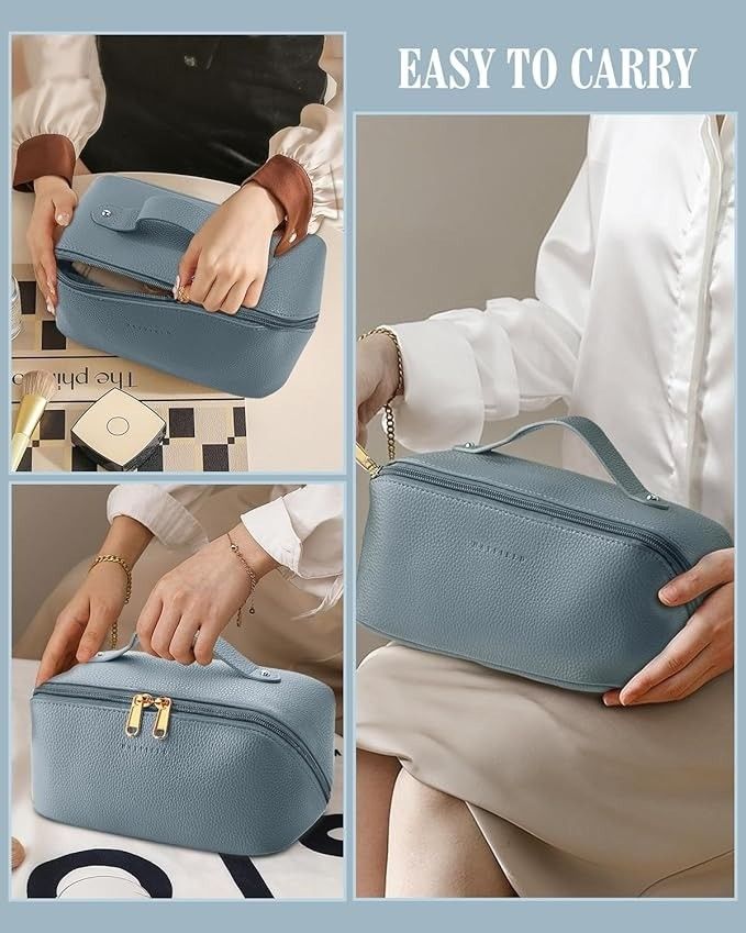 Collage of a blue cosmetic bag being held by different people with text 'EASY TO CARRY'.