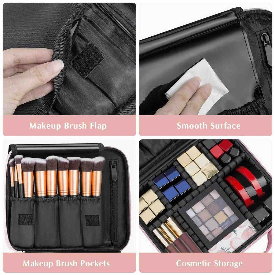 Black makeup organizer with various compartments including brush flap, smooth surface, brush pockets, and cosmetic storage.