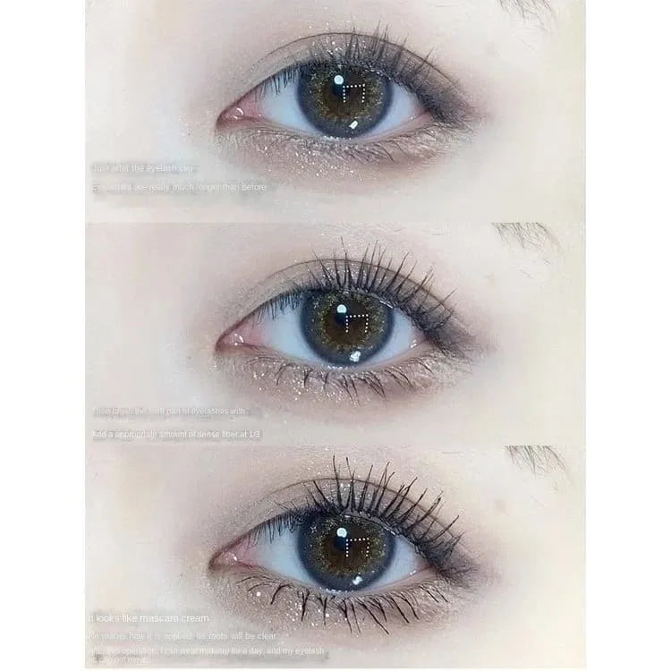 Close-up of a person's eyes after applying gege bear mascara with on a white background