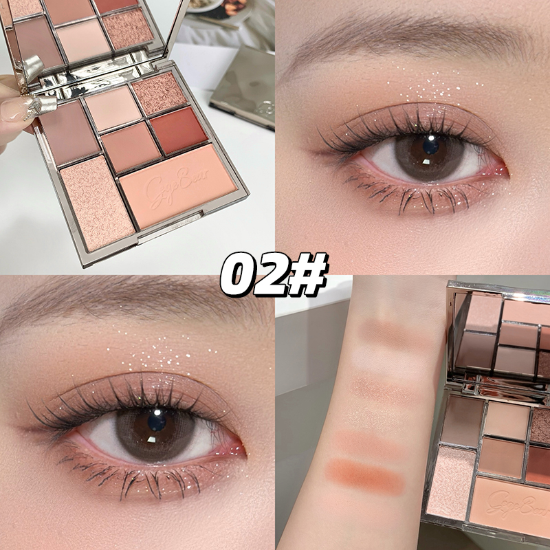 eye palette showing 7 different matte and shimmer nude brown color and also collage of eyes and arm showing the close up details of colors and shimmer 