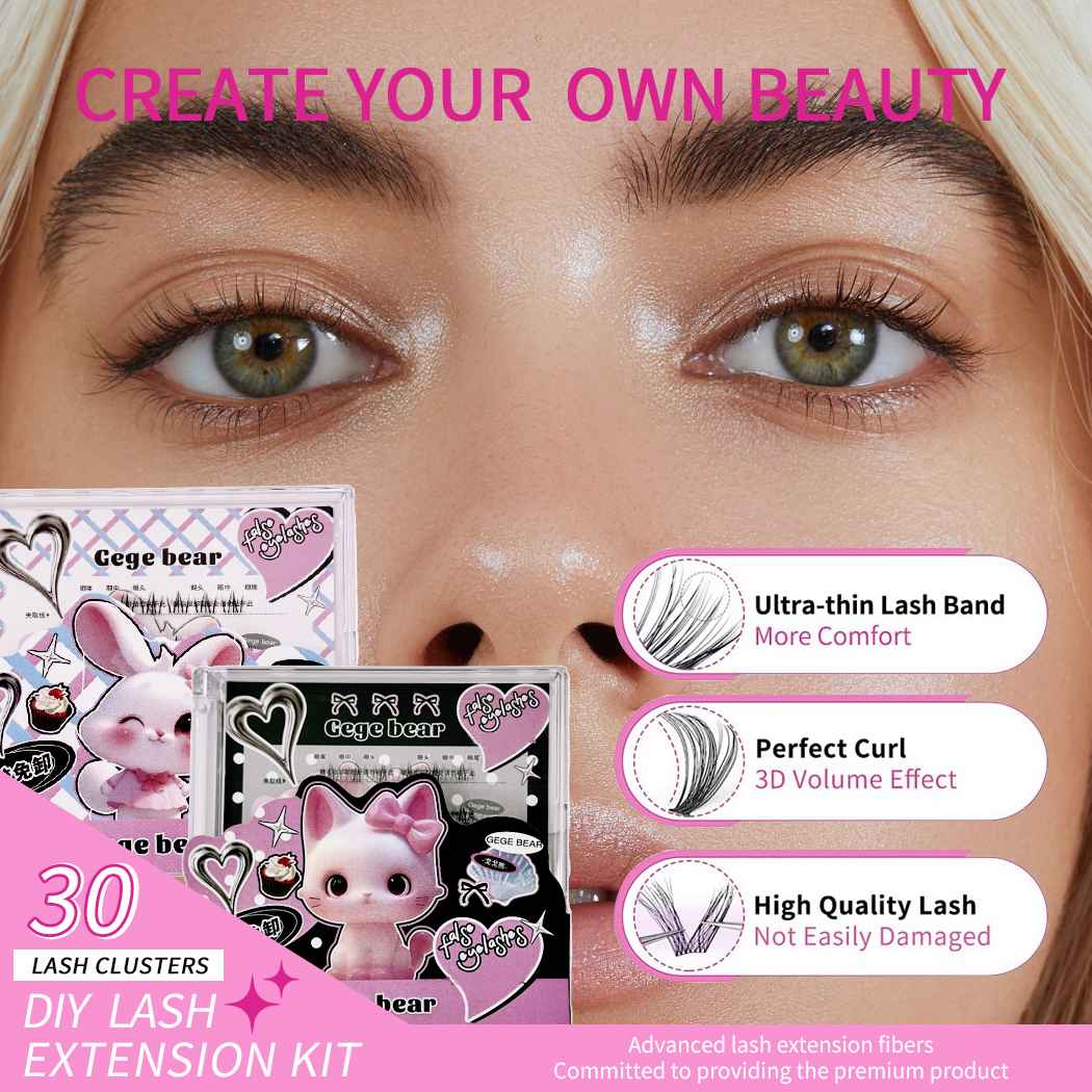 Makeup product with text 'Create Your Own Beauty' and 'DIY Lash Extension Kit' on a pink background.