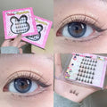 Collage of false eyelashes packaging and application on eyes on a pinck packaging 