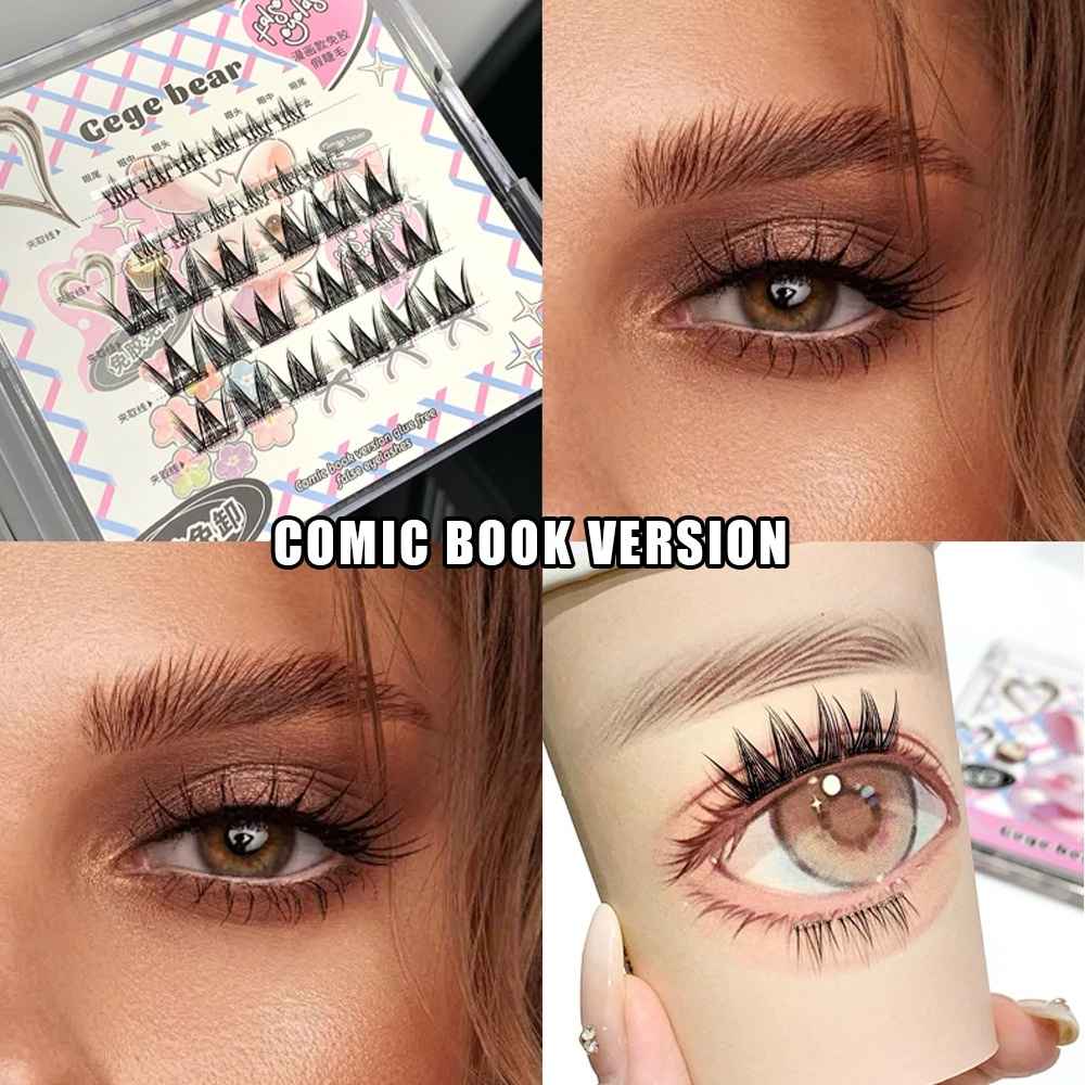 flase eyelashes by gege bear comic book version showing how it looks on the eye and giving demo on the  cup held by a hand 