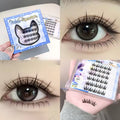 Collage of false eyelashes packaging and application on eyes