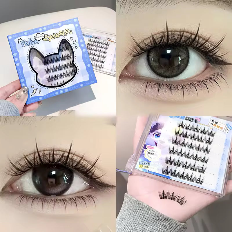 Collage of false eyelashes packaging and application on eyes