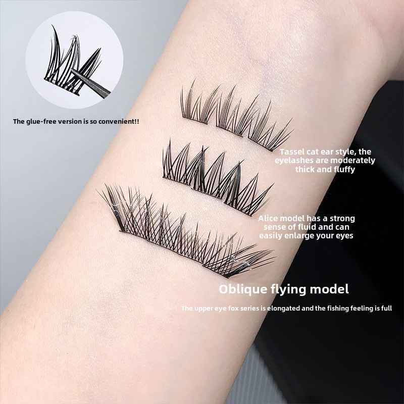 False eyelashes displayed on a person's arm with descriptive text.
