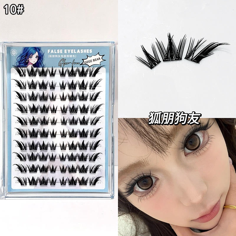 False eyelashes packaging with a sample worn on a person's eye, set against a white background.