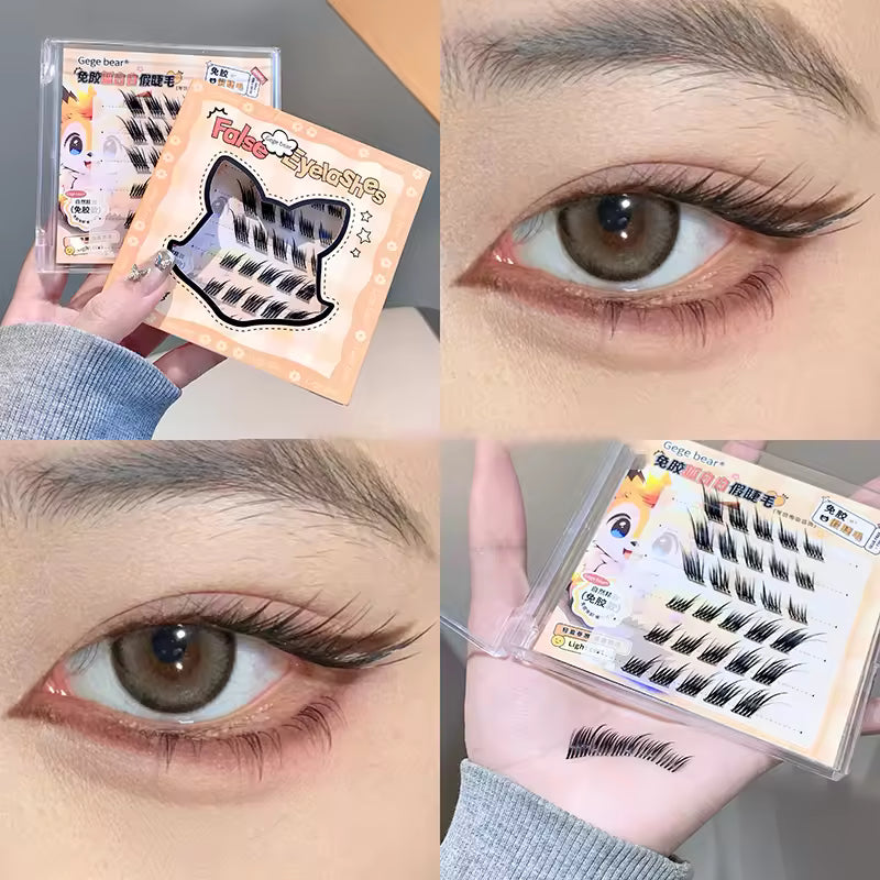 Collage of false eyelashes packaging and application on eyes
