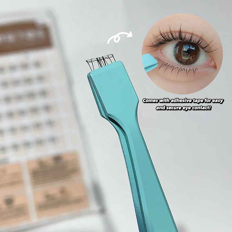 Teal eyelash applicator with adhesive tape, close-up of eye wearing false eyelashes, and contact lens case in the background.