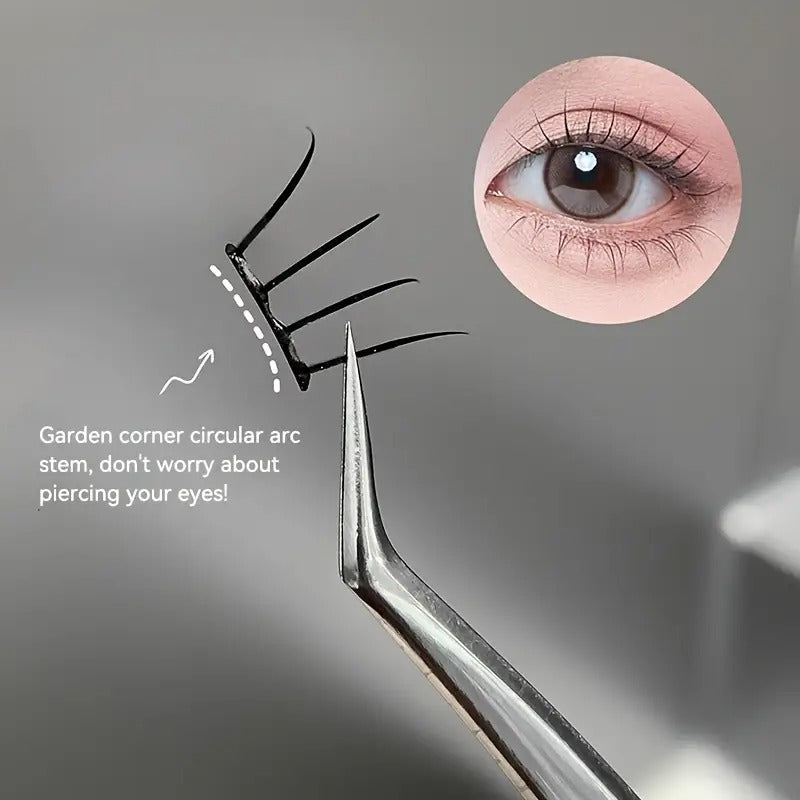 Eyelash extension on a tweezers with close-up of eye and text on gray background