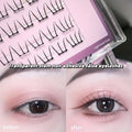Transparent stem non-adhesive false eyelashes with a before and after effect on an eye.