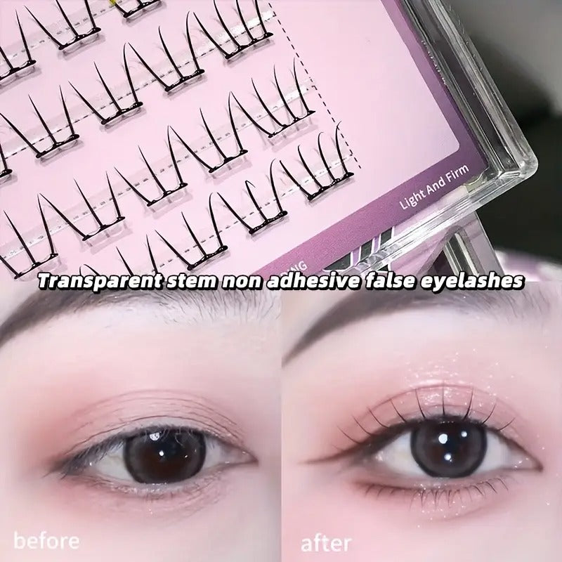 Transparent stem non-adhesive false eyelashes with a before and after effect on an eye.