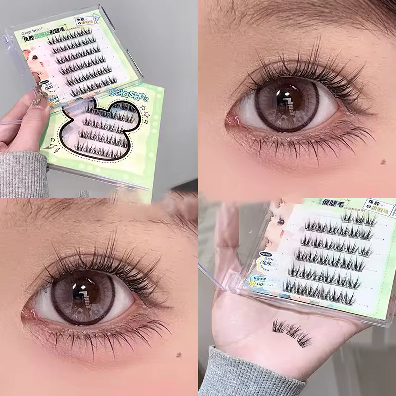 False eyelashes in packaging with a person wearing them, showing close-up views of the lashes.