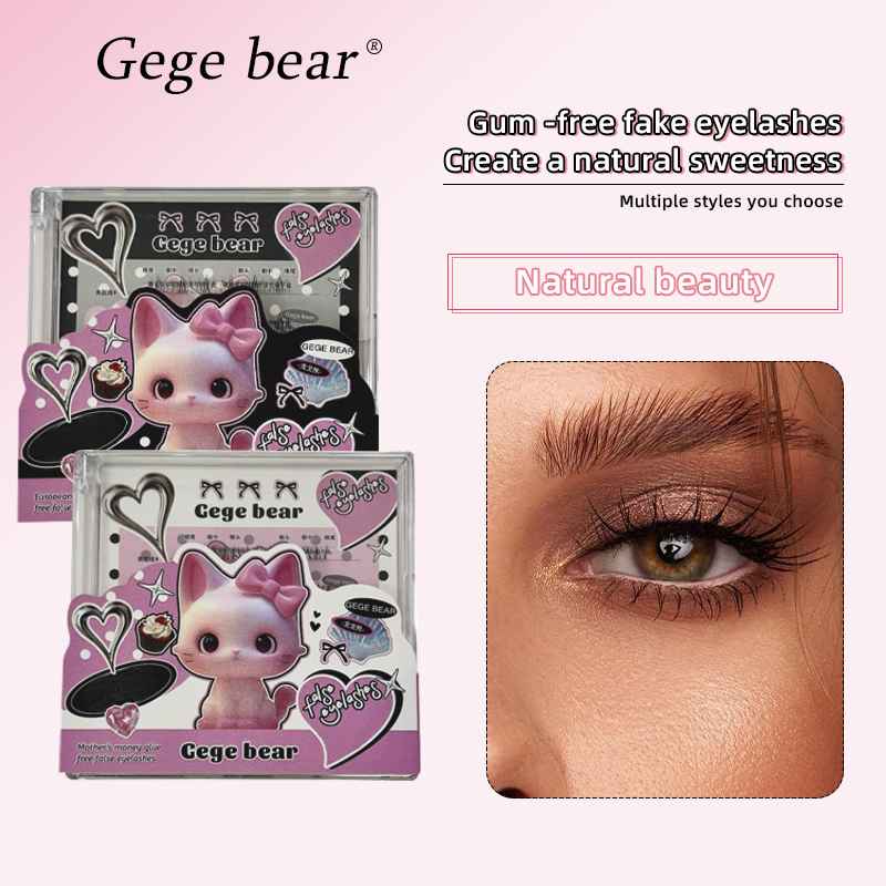 Gege bear eyelash packaging with a close-up of an eye wearing the product on a pink background.