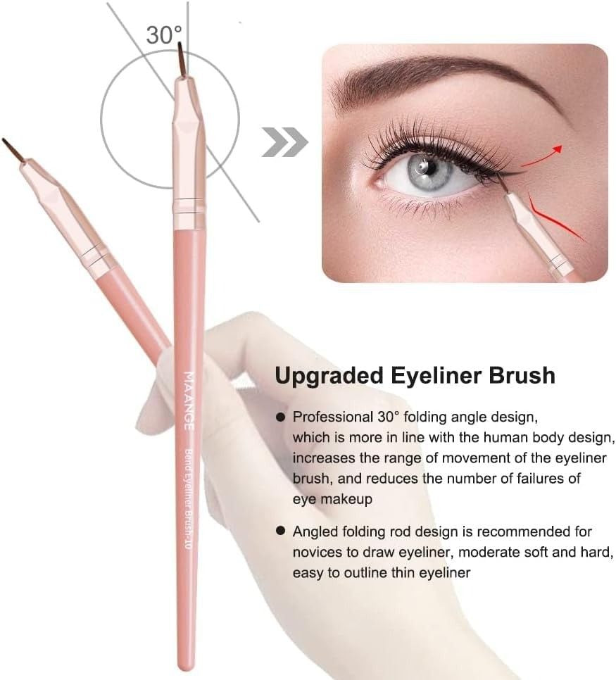 Eyeliner brush with 30-degree angle design and close-up of eye application.