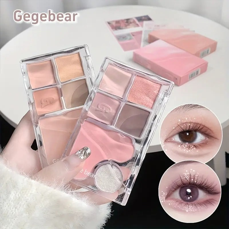 Makeup palettes with pink shades held by a hand, with close-ups of eyes wearing the makeup.