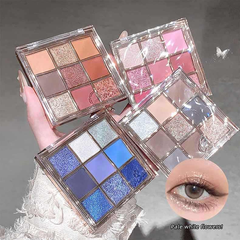 Four open eyeshadow palettes with a close-up of an eye wearing glittery makeup.
