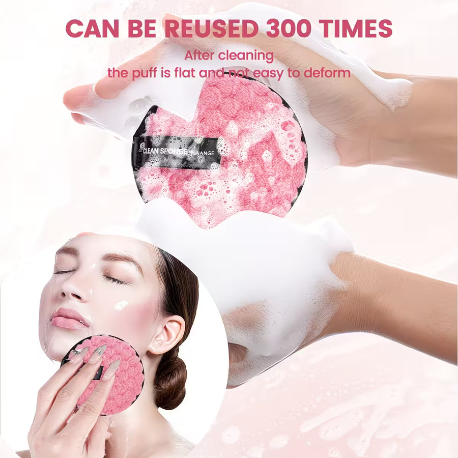 face cleansing pad showing information that it can be used for 300 times with a model using it on the side the makep remover pad is soaked in soap 