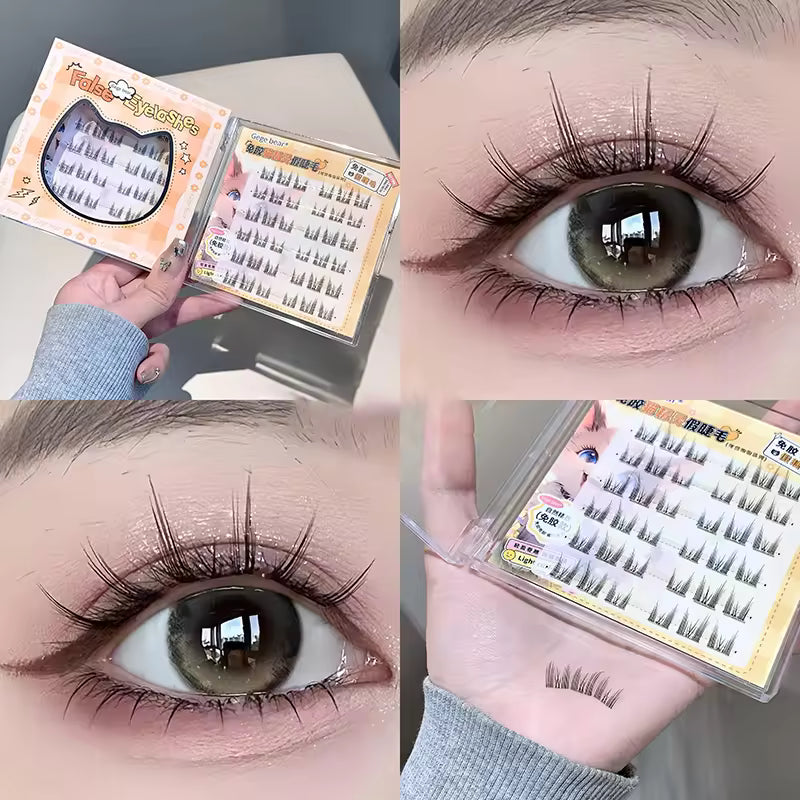 False eyelashes packaging and application on eyes with close-up shots.