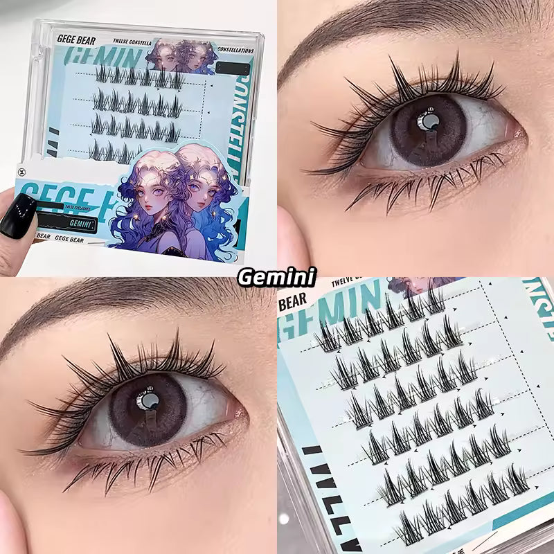 Collage of false eyelashes packaging and application on eyes, featuring the brand 'Gemini'.