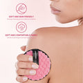 features of pink makeup remover pads and a girl using it on her arms 
