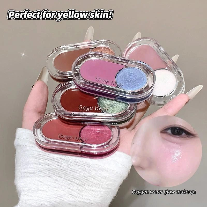 makeup blushes with a focus on yellow skin, held by a hand.
